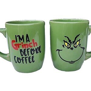 VTG Royal Norfolk 'I Am Grinch Before  Coffee' Green Stoneware Mug Set Of 2